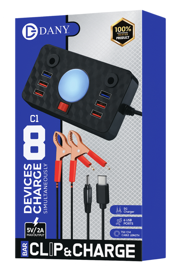Dany C-1 Clipper Charger | 6 USB Ports | LED Light | DC Solar Mobile Charger | USB Battery Clamp | Power Cable | Short Circuit & Overload Protection - DC Mobile Charger - Original