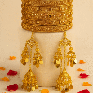Luxurious Bridal Golden Bangles Set with Intricate Stonework and Traditional Hanging Kaleere for Weddings and Special Occasions 2.5inch (Without Box)