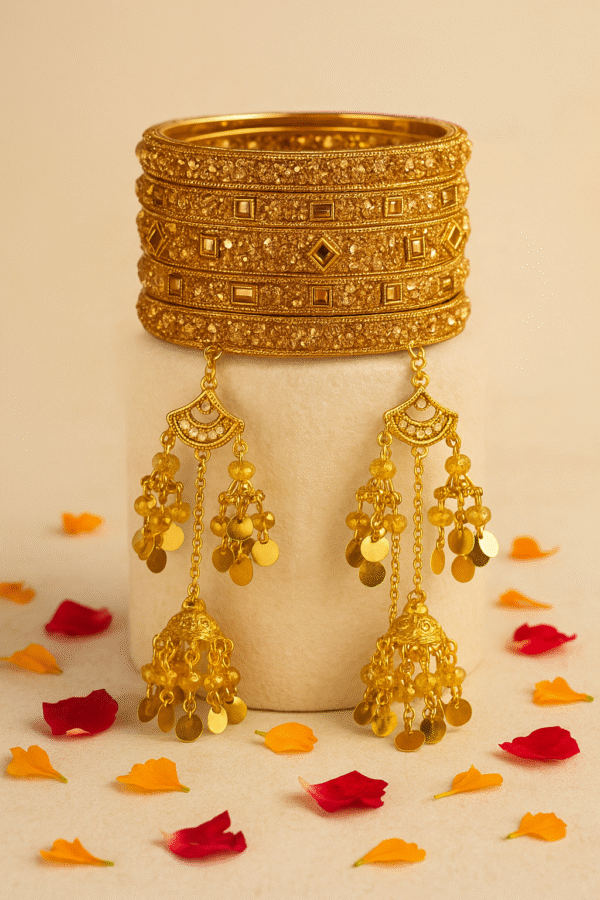 Luxurious Bridal Golden Bangles Set with Intricate Stonework and Traditional Hanging Kaleere for Weddings and Special Occasions 2.5inch (Without Box)