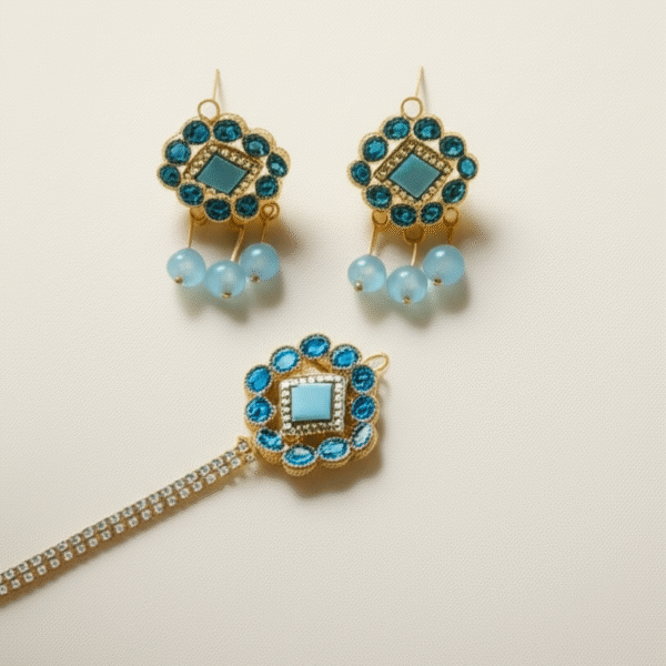 Artificial Jhumkay & Bindya Set with Blue Stones – Ethnic Jewelry for Women | Traditional Jhumke Set For Women | Jhumkay Set |Artificial Jewelry for Women - Image 4