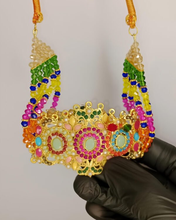 Bridal necklace set with earrings and bindiya - 1 necklace 2 earrings 1 bindiya - zarcon style with beautiful moti beads colourful - for wedding and special occasion - specially for bridals - without box - adjustable every one can wear - Image 4