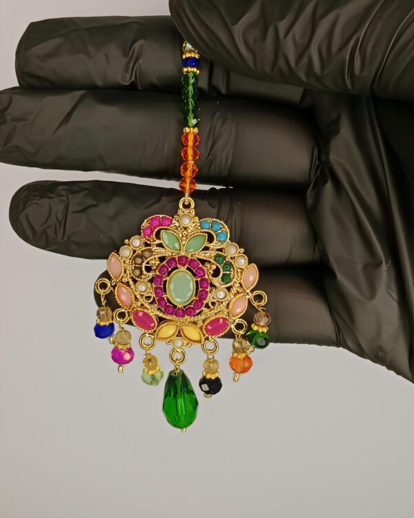 Bridal necklace set with earrings and bindiya - 1 necklace 2 earrings 1 bindiya - zarcon style with beautiful moti beads colourful - for wedding and special occasion - specially for bridals - without box - adjustable every one can wear - Image 5