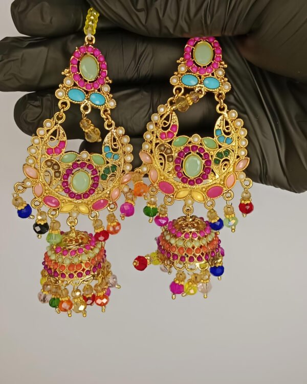 Bridal necklace set with earrings and bindiya - 1 necklace 2 earrings 1 bindiya - zarcon style with beautiful moti beads colourful - for wedding and special occasion - specially for bridals - without box - adjustable every one can wear - Image 6