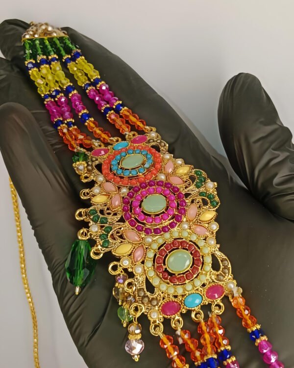 Bridal necklace set with earrings and bindiya - 1 necklace 2 earrings 1 bindiya - zarcon style with beautiful moti beads colourful - for wedding and special occasion - specially for bridals - without box - adjustable every one can wear - Image 3