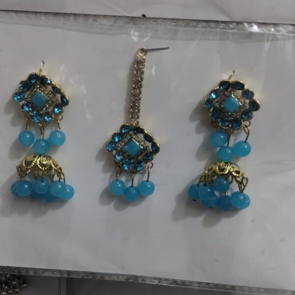 Artificial Jhumkay & Bindya Set with Blue Stones – Ethnic Jewelry for Women | Traditional Jhumke Set For Women | Jhumkay Set |Artificial Jewelry for Women - Image 3