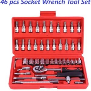 46-Piece Professional Socket Wrench Tool Set with Ratchet Handle, Sockets, Screwdriver Bits for Car, Motorcycle, Bicycle, Home Repair, Mechanical Work, Garage and DIY Maintenance Tasks, Portable Heavy-Duty Tool Kit