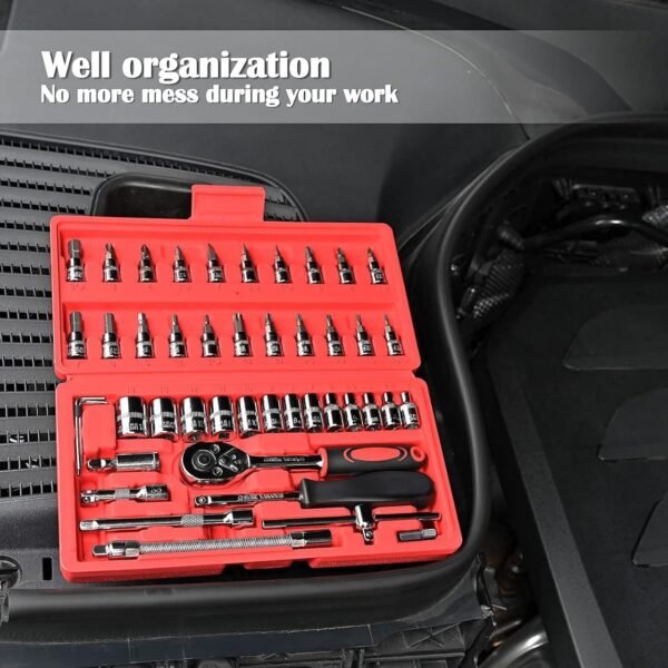 46-Piece Professional Socket Wrench Tool Set with Ratchet Handle, Sockets, Screwdriver Bits for Car, Motorcycle, Bicycle, Home Repair, Mechanical Work, Garage and DIY Maintenance Tasks, Portable Heavy-Duty Tool Kit - Image 9