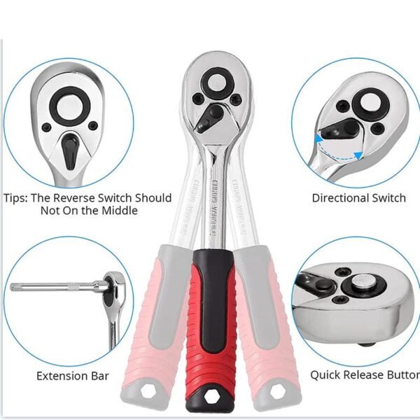 46-Piece Professional Socket Wrench Tool Set with Ratchet Handle, Sockets, Screwdriver Bits for Car, Motorcycle, Bicycle, Home Repair, Mechanical Work, Garage and DIY Maintenance Tasks, Portable Heavy-Duty Tool Kit - Image 10