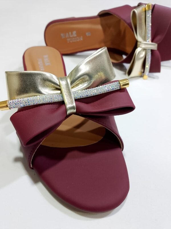 Stylish Maroon Block Heel Slip-On Slippers for Women with Golden Bow and Rhinestone Detailing – Comfortable Daily & Party Wearone perfect pair Stylish | Comfortable | Premium Quality | Slipper | Slipper For Women (With Box) - Image 5