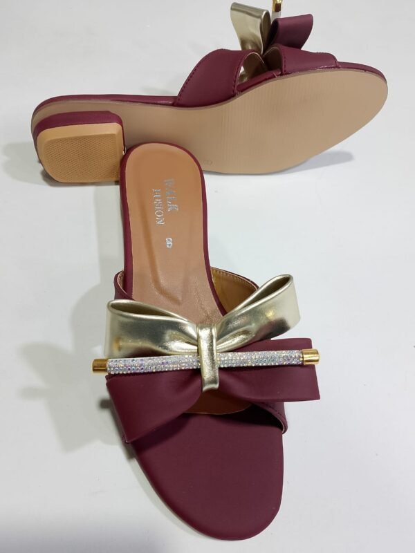 Stylish Maroon Block Heel Slip-On Slippers for Women with Golden Bow and Rhinestone Detailing – Comfortable Daily & Party Wearone perfect pair Stylish | Comfortable | Premium Quality | Slipper | Slipper For Women (With Box) - Image 3