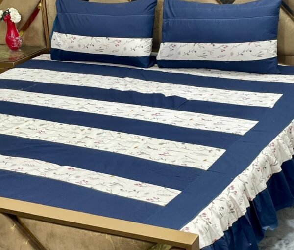 Luxury 3-Piece Frill Patchwork Double Bed Bedsheet Set – Soft Cotton Blend, Multicolor, Includes 2 Pillow Covers, Elegant Frilled Edges - Image 2