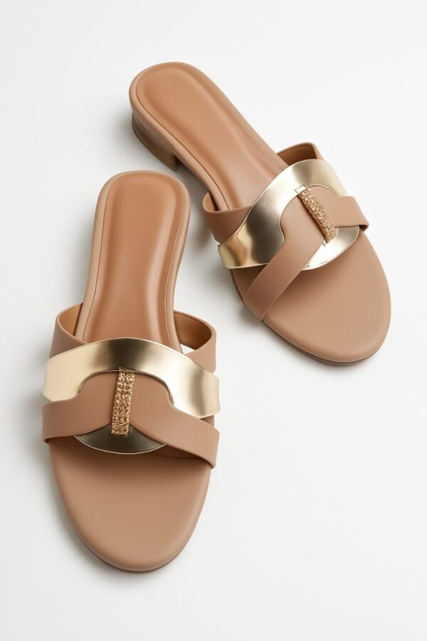 Women's Tan & Gold Embellished Flat Sandals – Stylish Slip-On Slides with Luxury Comfort & Chic Gold Accent Shine with every step — comfort class in one perfect pair | Slipper | Slipper For Women (With Box)