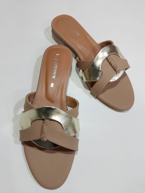 Women's Tan & Gold Embellished Flat Sandals – Stylish Slip-On Slides with Luxury Comfort & Chic Gold Accent Shine with every step — comfort class in one perfect pair | Slipper | Slipper For Women (With Box) - Image 5