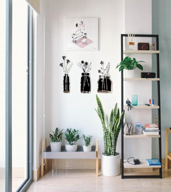 Set of 3 Modern Floral Vase Wall Decor - Golden & Silver Acrylic Mirror Finish | Wall Decor - Image 2