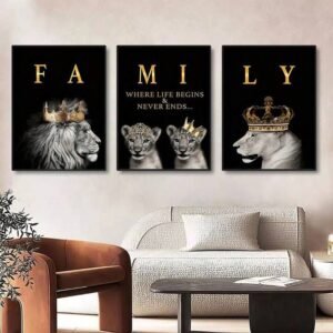 Lion Family Metal Wall Art – Set of 3 Panels (8x11 Inches Each) | Modern Metal Paintings for Home & Office Décor
