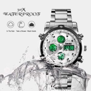 Skemie 1389 Men’s Digital Analog Watch Waterproof Digital Chronograph LED Multi-Time Business Watch Stainless Steel (Without box)