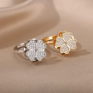 Lucky Four-Leaf Clover Rotating Anxiety Ring – Spinner Fidget Ring for Stress Relief, Adjustable Lucky Flower Ring for Women & Girls (With Box)
